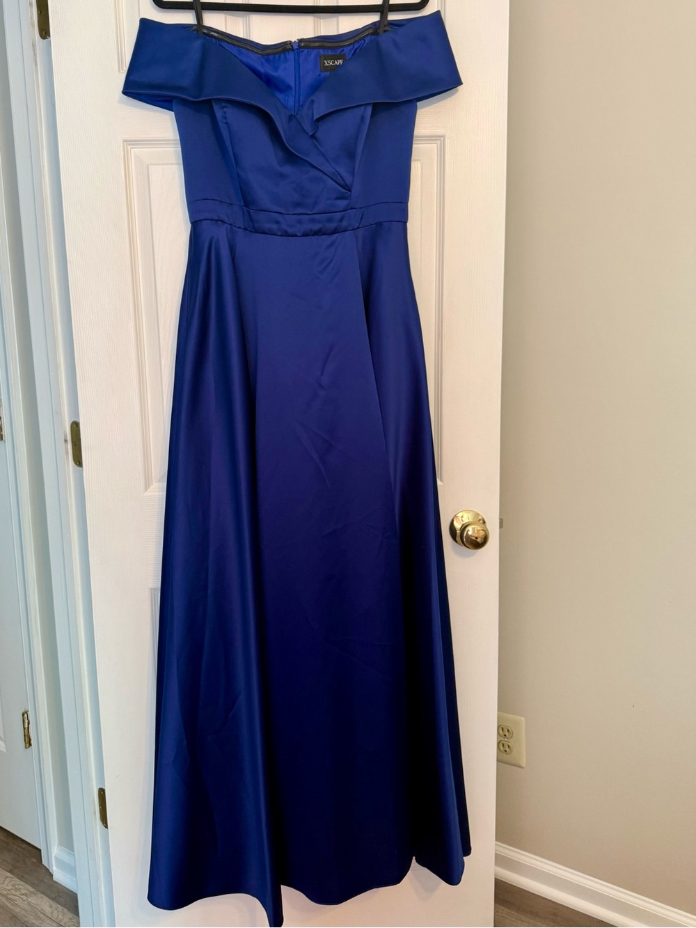 Xscape Off- Shoulder Satin Evening Gown in Navy Blue. Size12.